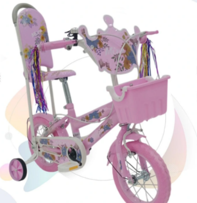 صورة دراجة أطفال بناتية وردية بمسندة وسلة أمامية مقاس 12,14,16